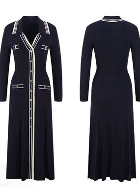 Sandro Navy Blue Long Sleeve Button-Front Knit Maxi Dress with Cream Trim